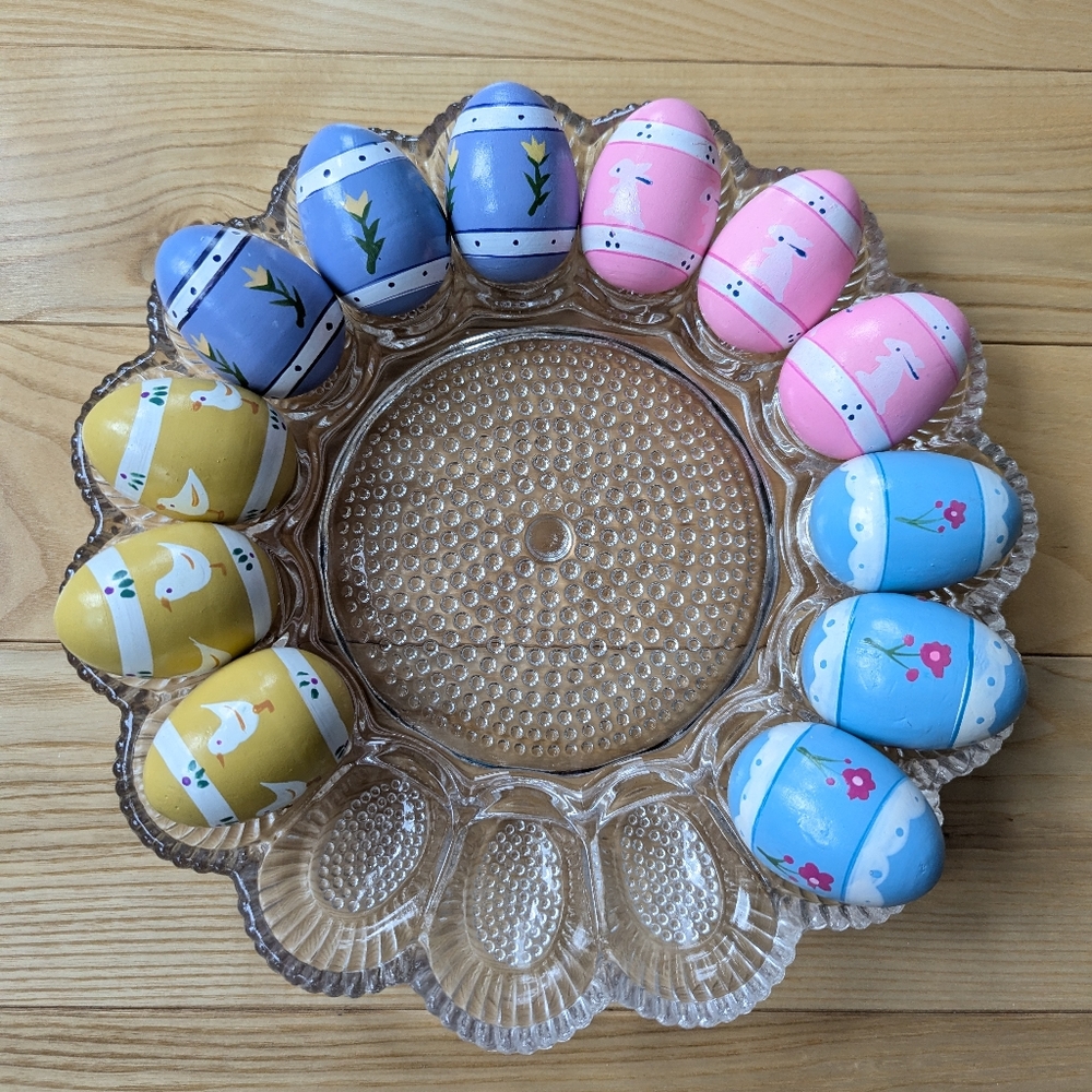 Vintage Lillian Vernon Pastel Hand Painted Wood Easter Eggs| Duck Rabbit - Dozen